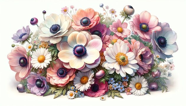 Watercolor illustration of Hollandia Anemone Flowers