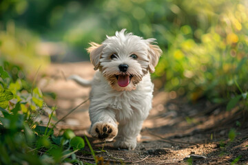 A contented puppy, tongue lolling, raises its paws. Its tail wags, leaving a trail of happiness