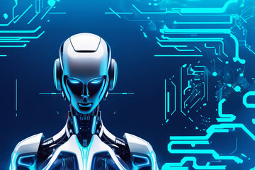 Cyborg woman. close-up portrait on sci-fi background. abstraction on topic of technology and games. Copy space banner, artificial intelligence and machine learning process