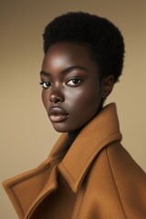Obraz premium Beautiful african american woman in coat on beige background