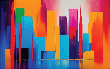 Vibrant Artwork: Acrylic Paint in a Multicolored Painting. Cityscape with abstract oil painting. A city view in oil painting. Illustration. city view.	