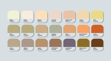 Sand Color Palette, Cream Color Guide Palette with Color Names. Paint RGB HEX codes and Names. Metal Colors Palette Vector, iron, and vehicle body colors, Fashion Trend sand Colors Palette design