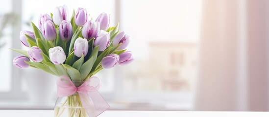 A glass vase filled with a bouquet of purple flowers sits atop a table. The purple and white tulips add a pop of color to the neutral beige background in this early spring celebration.
