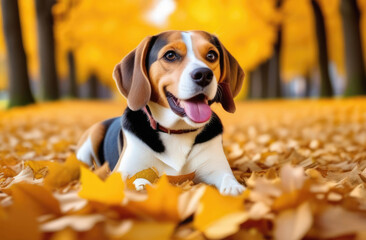 Portrait of a beagle dog in the autumn leaves. Selective focus