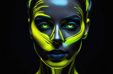 Close-up portrait of a beautiful woman with green and yellow neon makeup