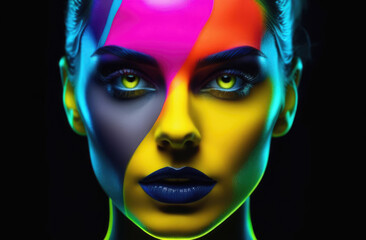 Portrait of a woman with stripes of paint on her face, bright colors, bright yellow neon eyes
