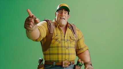 Friendly cartoon handyman posing with confidence on green background. cheerful animated worker character showing a direction. ideal for tutorials and advertisements. AI