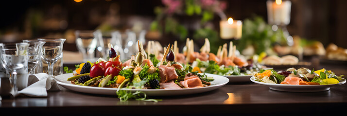 Luxurious Catering Spread at a Formal Event Showcasing a Variety of Gourmet Dishes - obrazy, fototapety, plakaty
