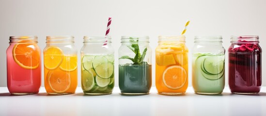 Various types of drinks stored in mason jars, serving as both drinkware and food storage containers...