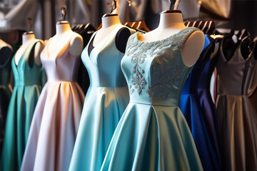 beautiful evening dresses on a mannequin in a women's clothing store. Beautiful dresses for high school prom in shop - obrazy, fototapety, plakaty