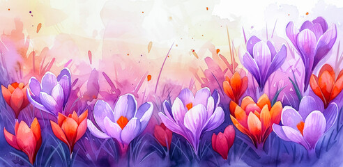 This delicate spring background with bright crocuses symbolizes the awakening of nature after winter and the arrival of the long-awaited spring. The banner. Watercolor illustration - obrazy, fototapety, plakaty