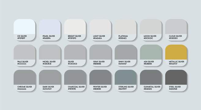 Gray Color Palette with Colors Names. Catalog Samples of Ash color with RGB HEX codes and Names. Metal Color Palette Vector, Plastic ash Colors Palette, Fashion Trend silver Color Palette, Gray