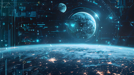 A futuristic digital landscape of space with planets and stars, featuring holographic displays showing data and cyberpunk elements, set against the backdrop of Earth in orbit - obrazy, fototapety, plakaty