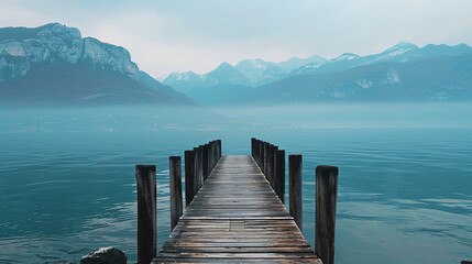A peaceful scene of a wooden pier stretching