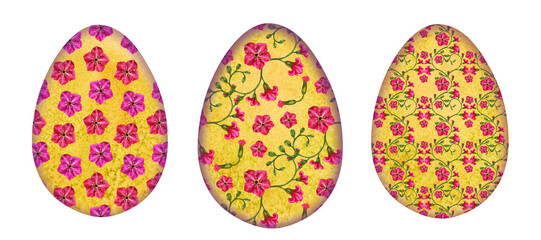 Watercolor Easter yellow egg with floral pattern of spring blooming primroses for Easter clipart, cards, invitations, stickers, scrapbooking, borders, patterns, wrapping, gifts, wallpaper, background
