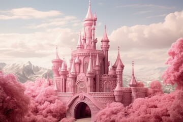 Vibrant Pink princess castle tower. Story tale. Generate Ai - obrazy, fototapety, plakaty