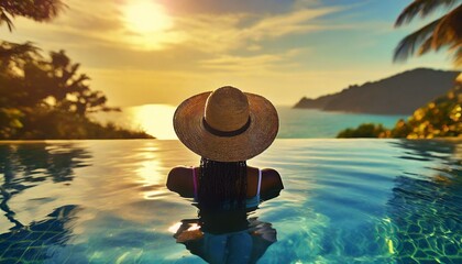 Woman on summer vacation holiday relaxing in infinity swimming pool with blue sea sunset 