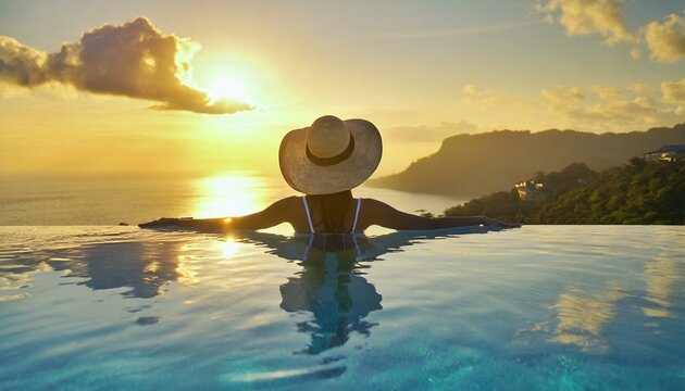 Woman on summer vacation holiday relaxing in infinity swimming pool with blue sea sunset  - Powered by Adobe