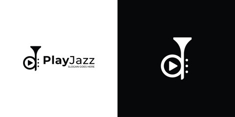 Creative Play Jazz Logo. Saxophone, Trumpet and Play Button with Modern Minimalist Style. Musical Logo Icon Symbol Vector Design Template.