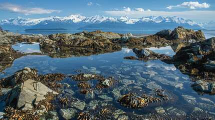 A rocky shoreline with tide pools reflecting - Powered by Adobe