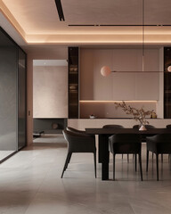 Sala da pranzo moderna in stile minimalista, con pareti e soffitti bianchi in uno spazio ampio. Alla parete c'è un mobile aperto con un'illuminazione rosa chiaro all'interno.