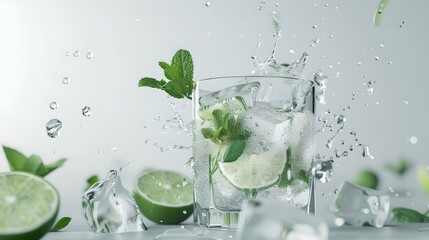Refreshing mojito cocktail in a splash of lime and water. a cold drink on a hot day. perfect for summertime ads. high-speed photography. AI