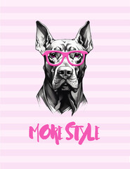 More style. Fashion poster with a doberman. Pink fashion. Poster. 