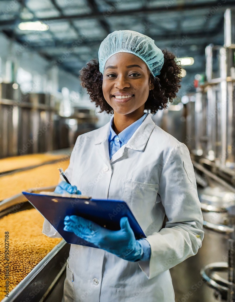 Wall mural positive female technologist holding checklist inside the food processing factory.