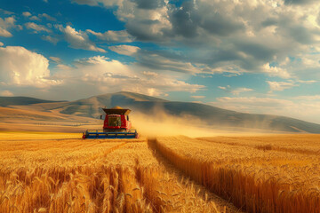 Fototapeta premium A farmer driving a combine harvester in a field of barley