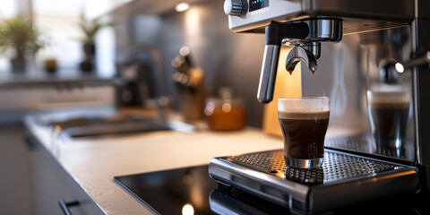 Fototapeta na wymiar Modern Siemens espresso machine pouring fresh coffee into a cup in a sleek home kitchen setting