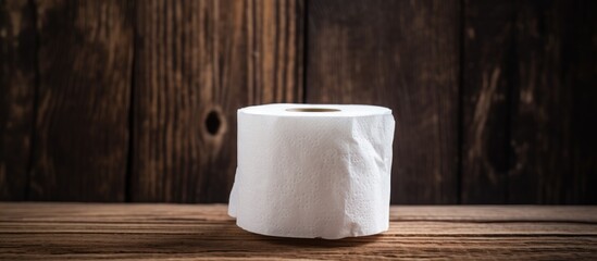A roll of toilet paper is placed on a rectangular hardwood table, showcasing the natural beauty of the wood grain against the smooth cylinder shape of the roll