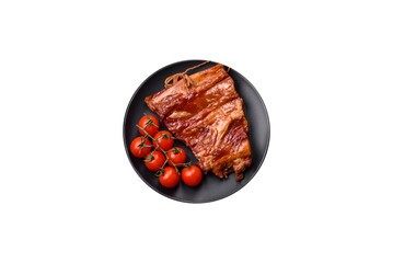 Delicious smoked or grilled ribs with olives, spices and herbs - 755027315