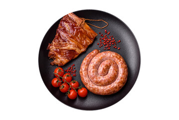 Delicious grilled sausage in the form of a ring with salt, spices and herbs - 755027341