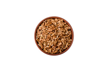 Delicious fresh peeled raw walnuts in a ceramic plate - 755027356