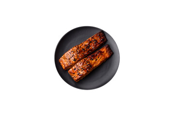 Delicious red salmon fish grilled with sauce and sesame, spices and herbs - 755027384