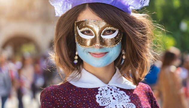 Portrait of young woman with mask and carnival costume during carnival , festival, masquerade