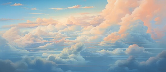 A beautiful painting capturing the azure sky filled with cumulus clouds seen from an airplane window. The afterglow of dusk paints a stunning natural landscape against the horizon