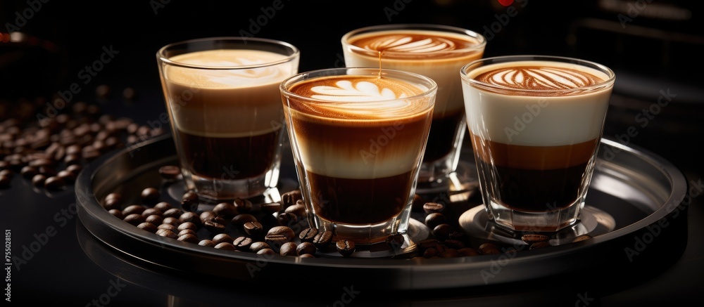 Sticker four drinkware glasses containing coffee are displayed on a tray, encircled by aromatic coffee beans