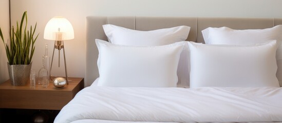 A bed with a white comforter and pillows neatly arranged for a cozy and inviting look in a bedroom setting. The white color scheme creates a clean and modern feel.