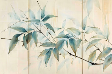 A four-panel screen with delicate bamboo leaves. Each leaf is meticulously painted, capturing its veins and subtle variations.