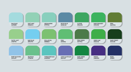 Green and blue Color Guide Palette with Color Names. Catalog Samples are Green with Blue RGB HEX codes and Names. Metal Colors Palette Vector, Wood and Plastic Nature Color Palette, Fashion Trend Art
