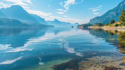 A serene coastal inlet with calm waters reflection