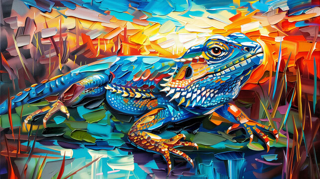 Horizontal oil painting of a Bearded Dragon. Generative AI