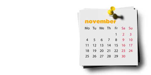 November 2024 calendar page with yellow push pin on white background, copy space, drop shadow. 3D rendered horizontal set of 12 month layouts. Week starts with Monday. Weekends marked in red.