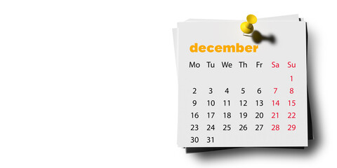 December 2024 calendar page with yellow push pin on white background, copy space, drop shadow. 3D rendered horizontal set of 12 month layouts. Week starts with Monday. Weekends marked in red.