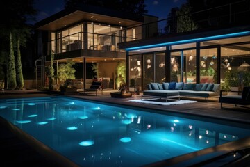 Fototapeta na wymiar Enchanting Property night pool. Modern house with luxury exterior design. Generate Ai