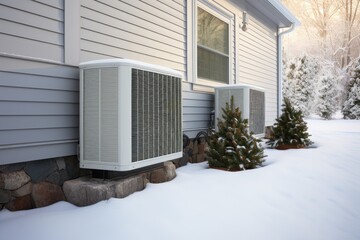 Winter morning: Air conditioning units or exterior heating pump units amidst fresh snowfall