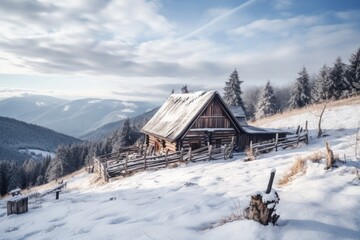 Tranquil Winter Cabin Amidst Snow-Covered Mountains