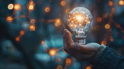 Businessman holding light bulb creative connection of futuristic technology internet network, New creativity and innovation are keys to business successful, Thinking and creative concept, Planning.