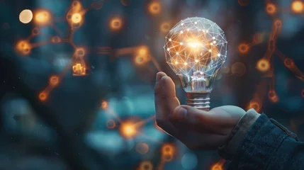 Foto op Plexiglas Businessman holding light bulb creative connection of futuristic technology internet network, New creativity and innovation are keys to business successful, Thinking and creative concept, Planning. © panu101